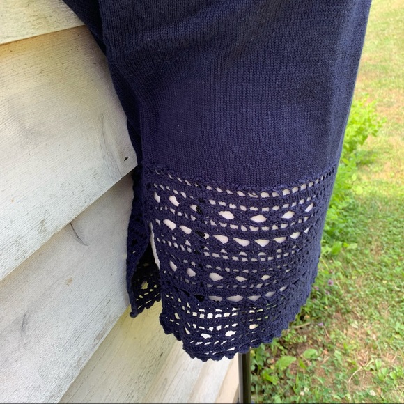 Vintage 90s Navy Blue Solid Print Crochet Trim Short Sleeve Knit Sweater Blouse - Picture 14 of 16